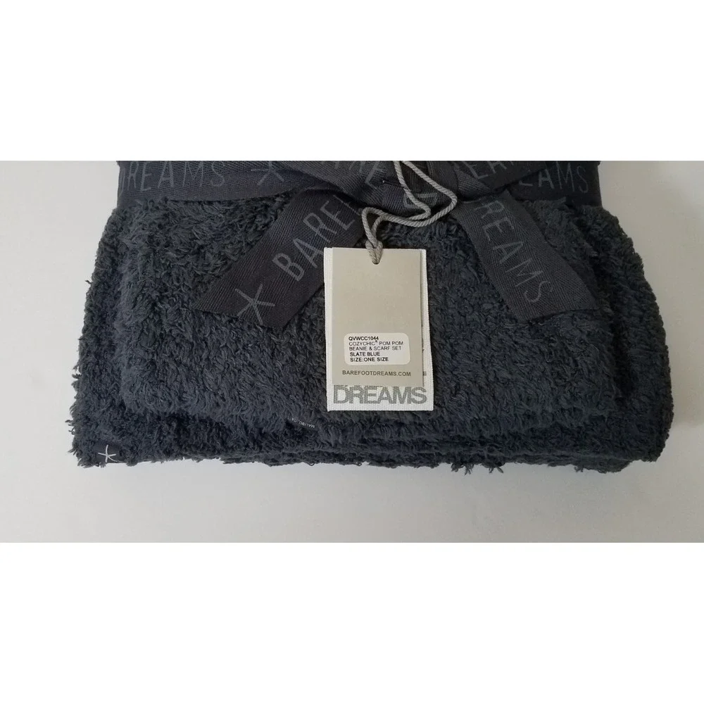 Barefoot Dreams CozyChic‎ Pom Pom Beanie Scarf Gift Set Slate Blue NEW